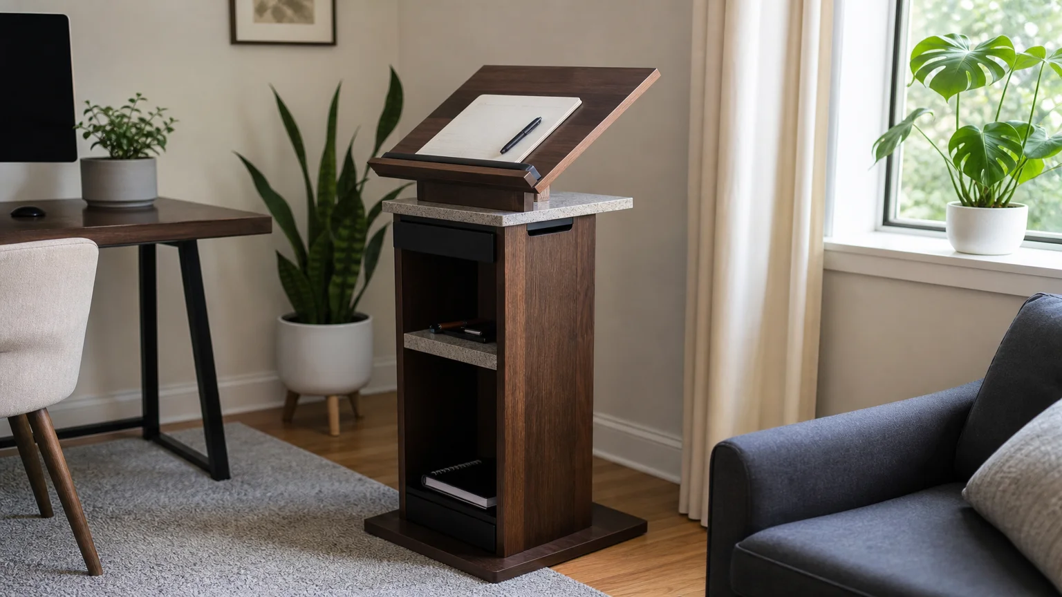 compact presentation stand in warm modern room